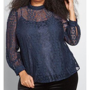 ModCloth Winsome Whims Star Lace Long Sleeved Blouse - Navy - L